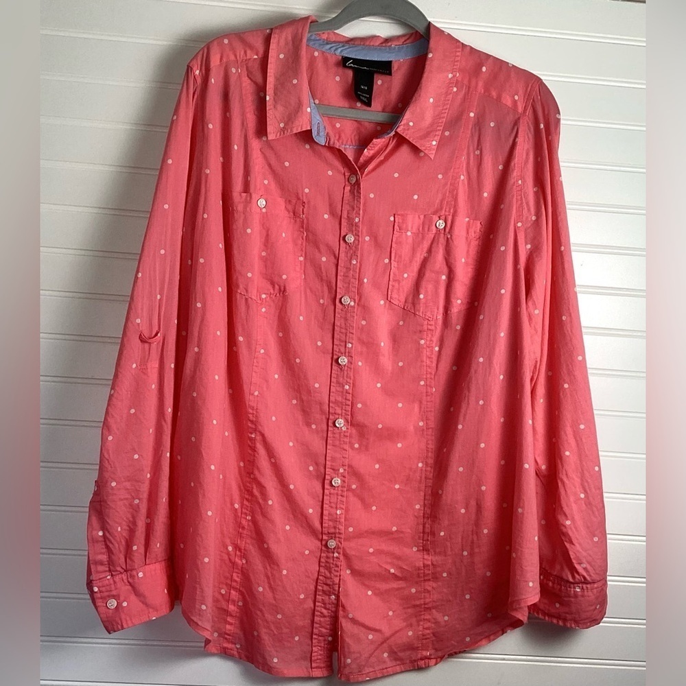 Lane Bryant  pink & cream poker Dot Long Sleeve Shirt Lightweight Cotton 14/16